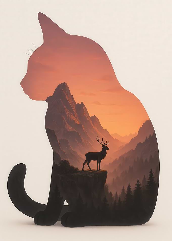 Cat Silhouette Landscape with Deer