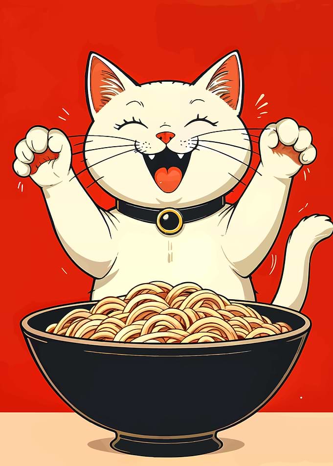 Happy Cat with Noodles