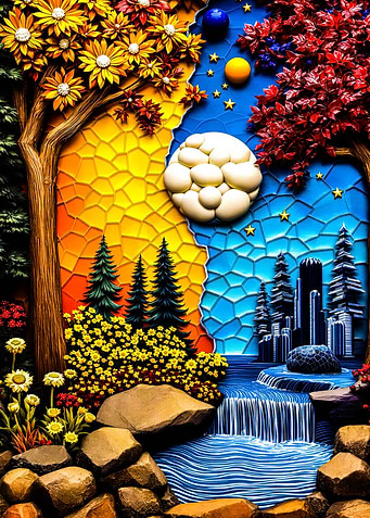 Surreal Landscape with Waterfall and City