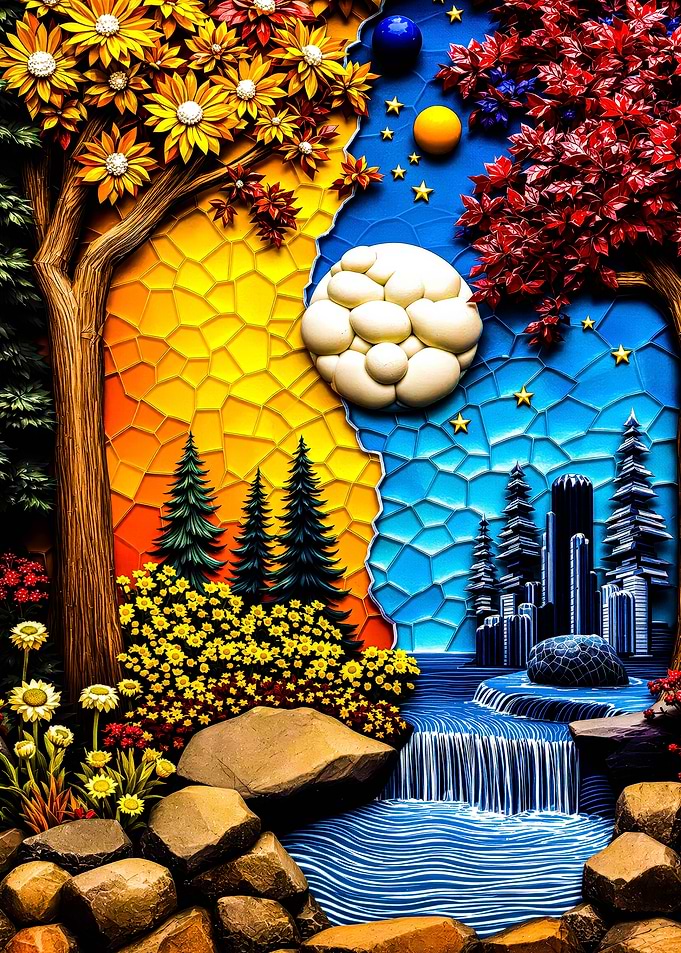 Surreal Landscape with Waterfall and City