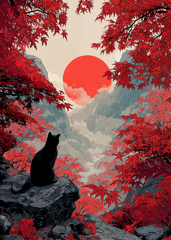 Black Cat in Autumn Landscape