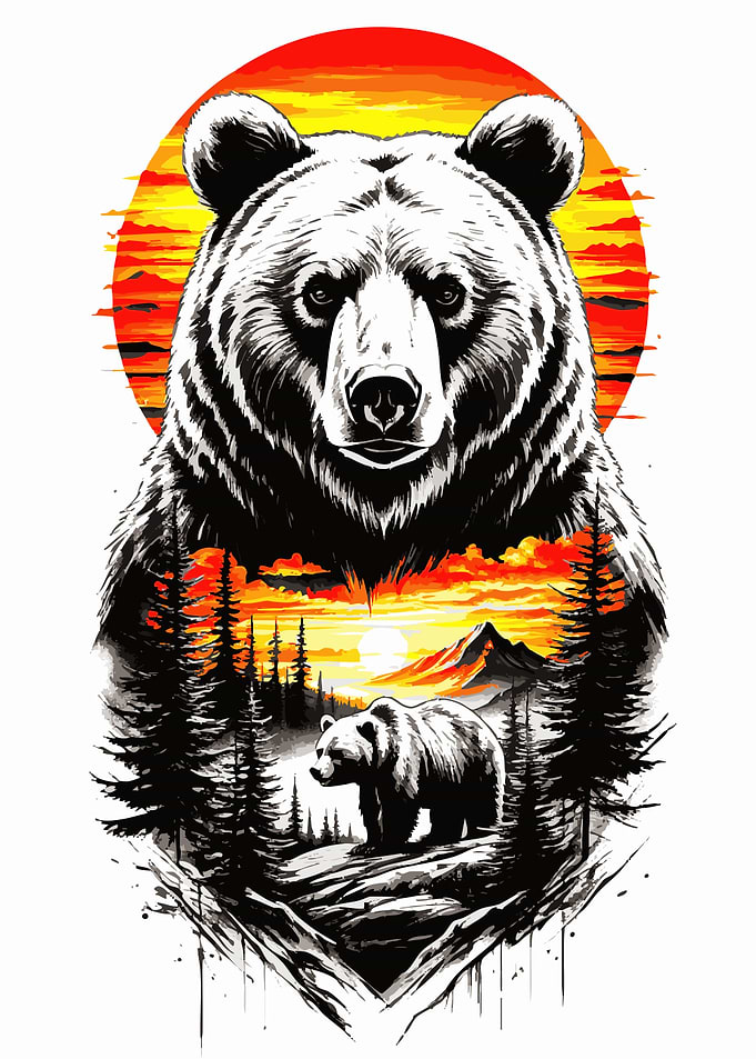 Bear Landscape Sunset Illustration