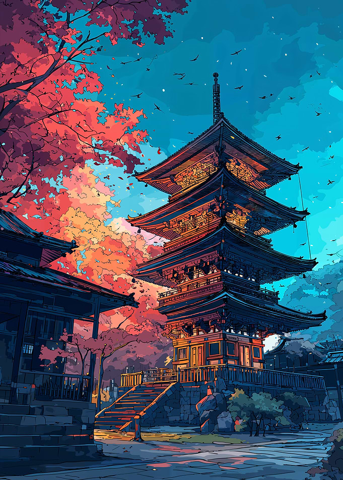 Japanese Pagoda with Autumn Foliage