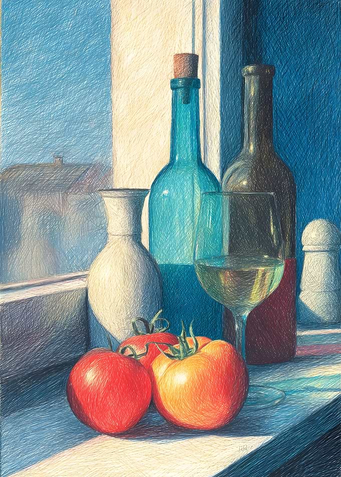 Still Life In Blue White And Red