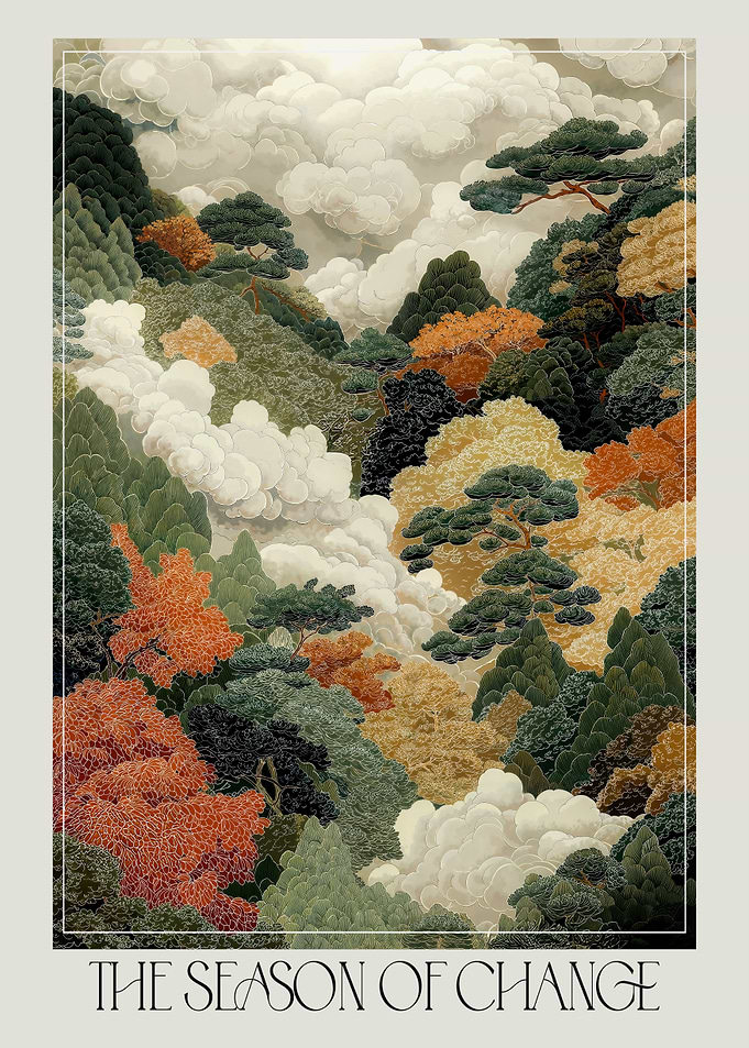 Japandi Fall Forest printable Wall Art maximalist Autumn Decor Art Nouveau Japanese Poster sage green vintage Poster extra large Wall Art
