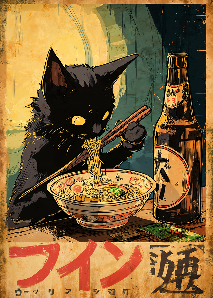 Cat eating ramen with beer