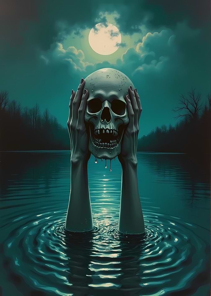 Lake Ghost Lifting Skull Under Moonlight