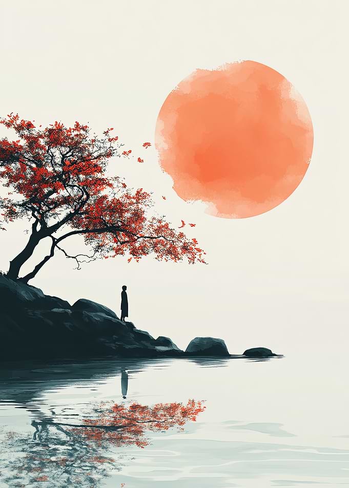 Japanese Landscape with Figure and Sun