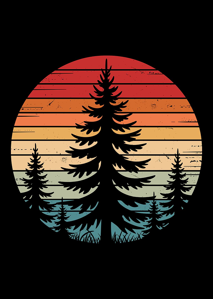 Retro vintage sunset distressed forest Pine Trees silhouettes - wildlife