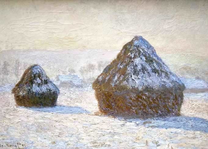 Haystacks in Winter Landscape Painting, by claude monet