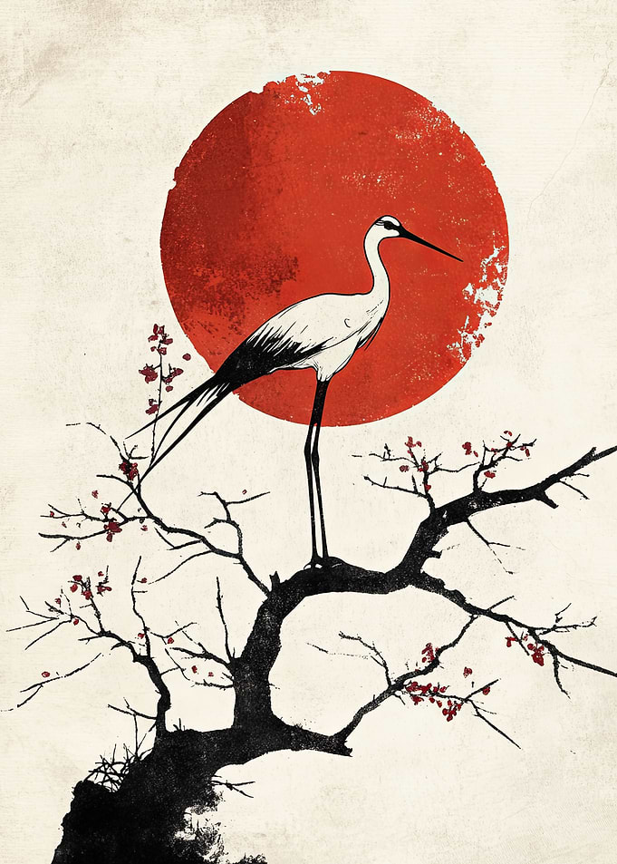 Crane and Rising Sun Art Print