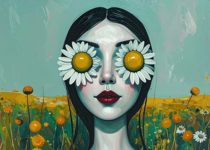 Woman with Daisy Eyes in Field