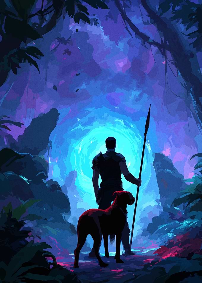Warrior and Dog in Fantasy Landscape