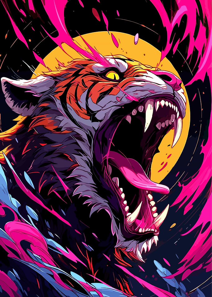 Roaring Tiger with Abstract Pink Accents