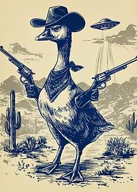 Cowboy Duck with Guns and UFO