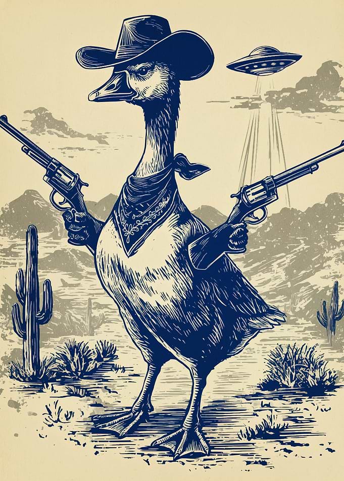 Cowboy Duck with Guns and UFO