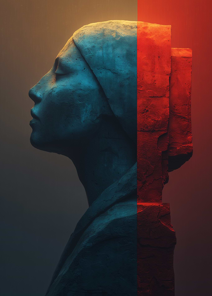 Abstract Sculpture Profile in Blue and Red