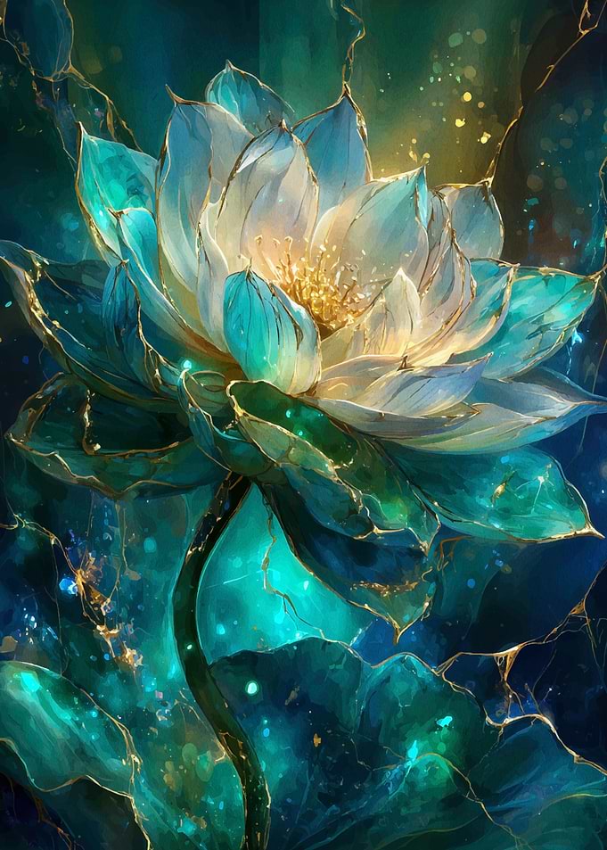 Luminous Teal and Gold Lotus Blossom