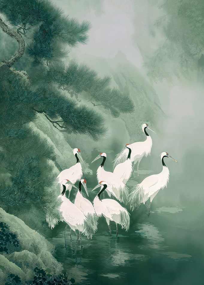 Japandi Wall Art printable chinoiserie Bird Poster Japanese Wall Art wabi Sabi sage Green Forest Print extra large maximalist Painting