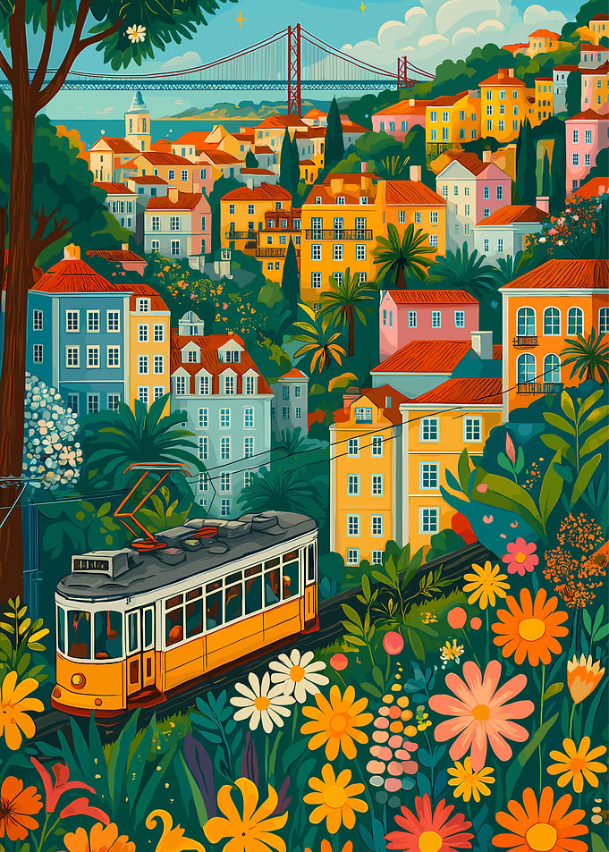 Lisbon Tram and Colorful Cityscape