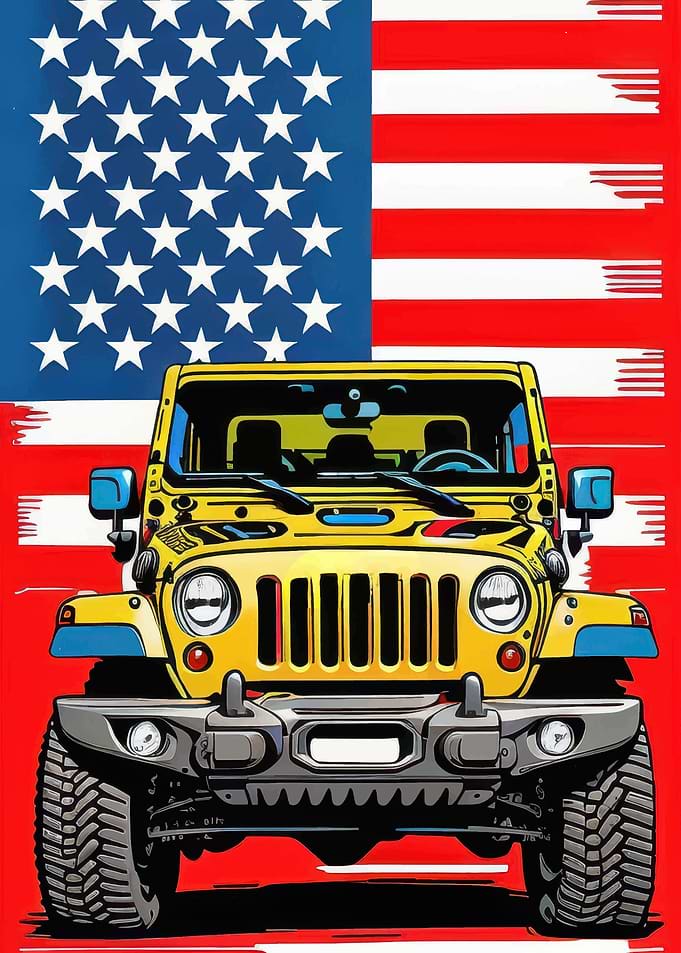 Yellow Jeep with American Flag Backdrop