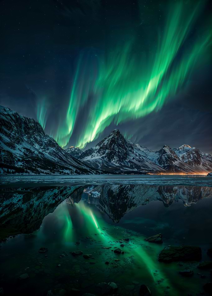 Aurora Borealis over Snowy Mountains