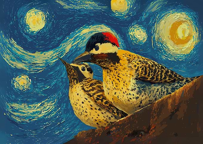 Woodpeckers in Starry Night Style