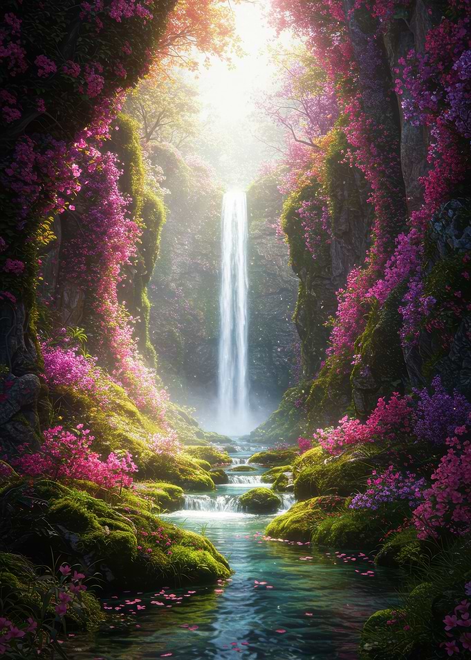 Waterfall in a Floral Paradise