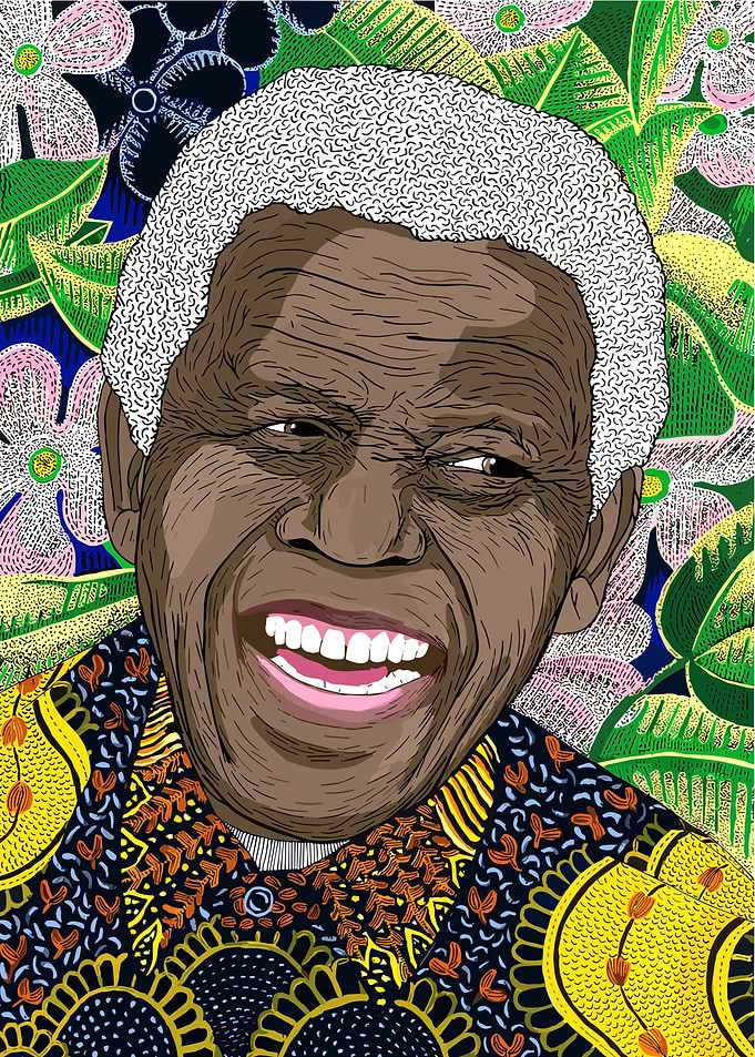 Nelson Mandela Portrait with Floral Background