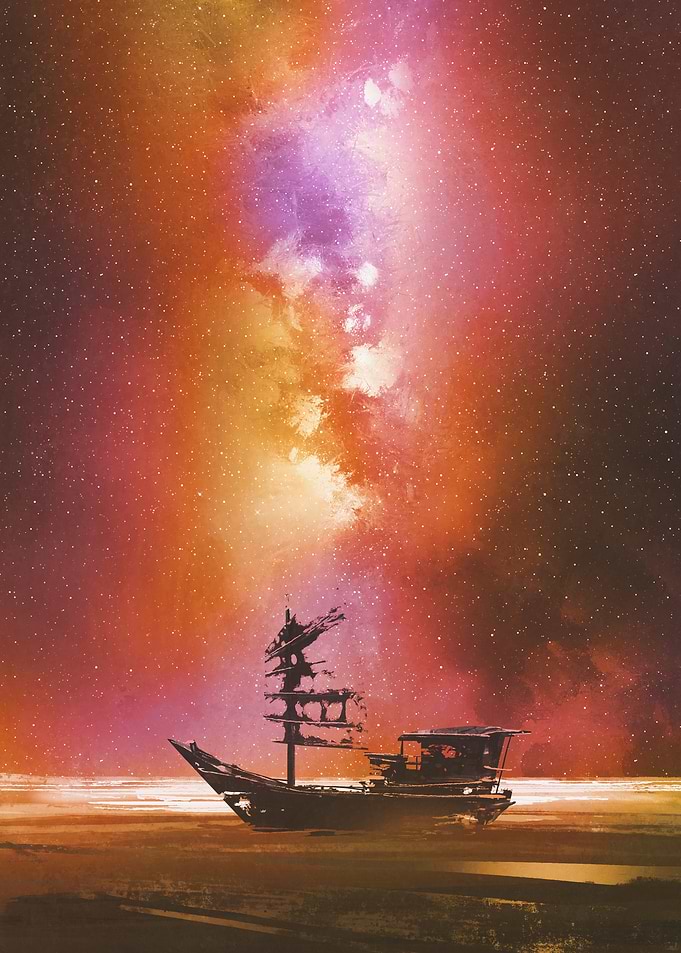 Boat Under Starry Sky Painting
