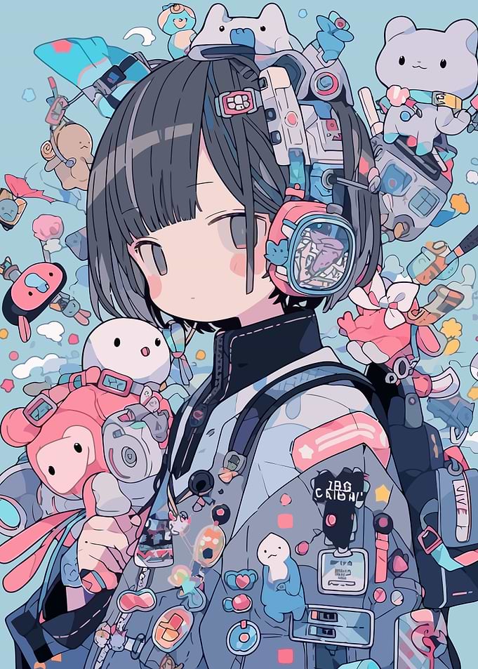 Anime Girl with Gadgets and Plushies