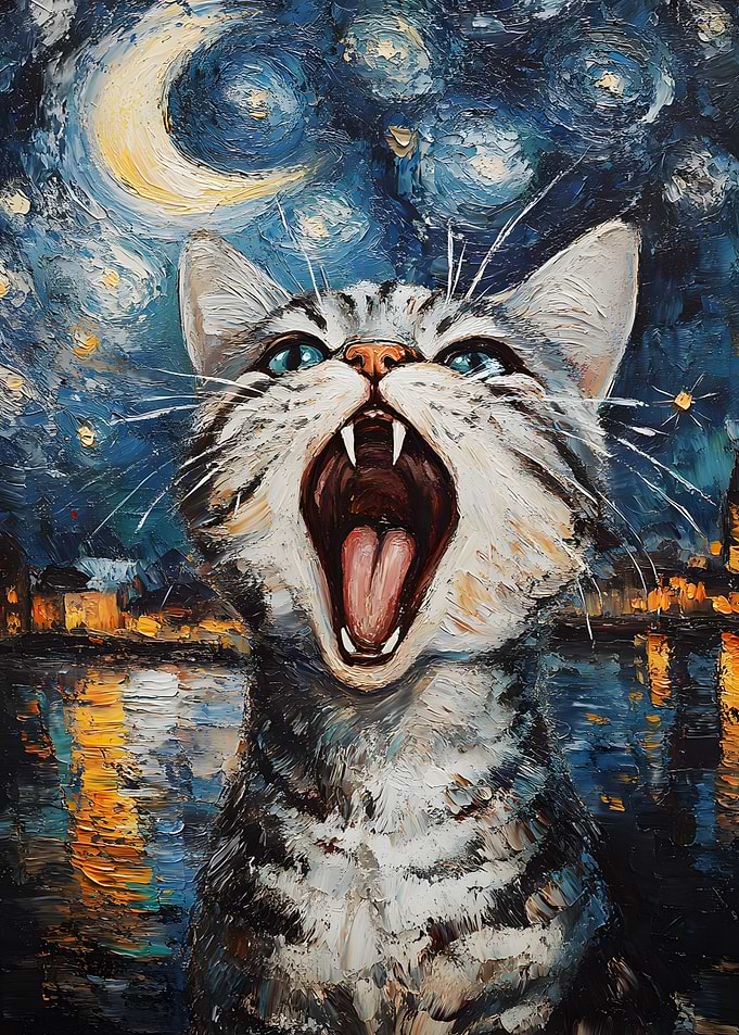 Cat Yawning in Starry Night Style