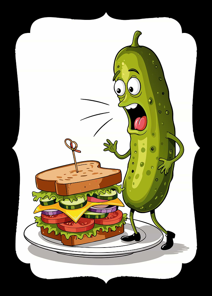 Cartoon Pickle Scared of Sandwich