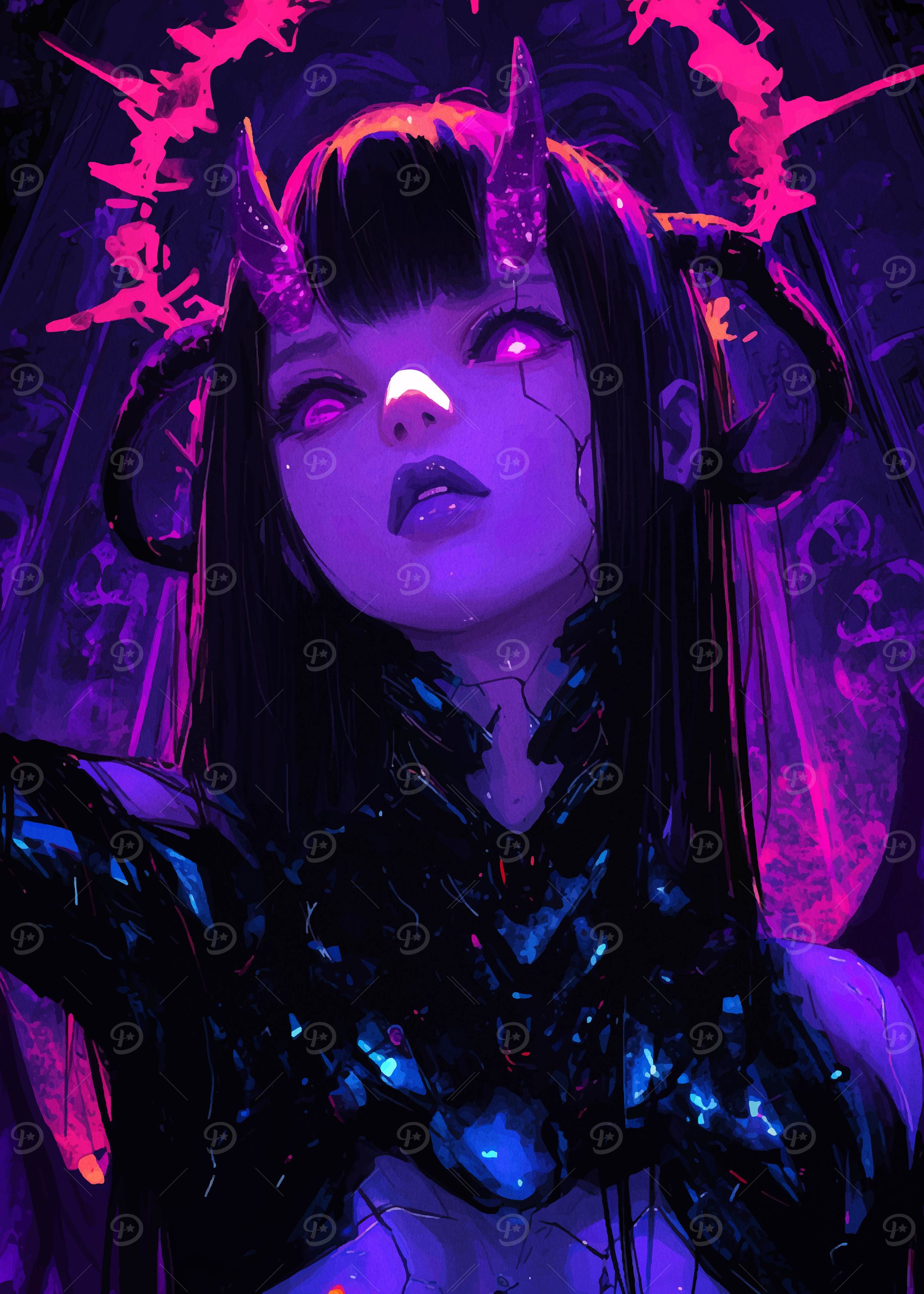 Anime Girl with Horns in Neon