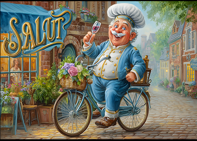 Chef on Bicycle with Wine
