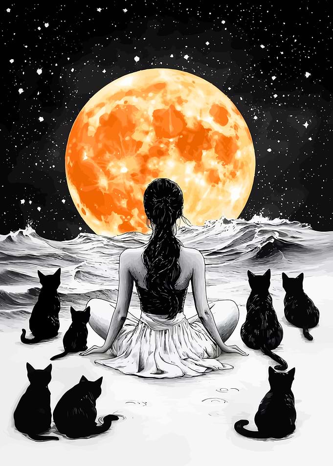 Woman, Cats, and Moonlit Ocean