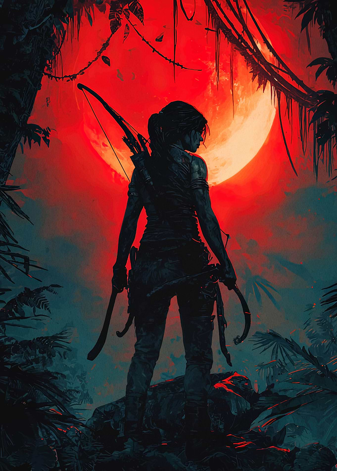 Lara Croft in Jungle with Red Moon