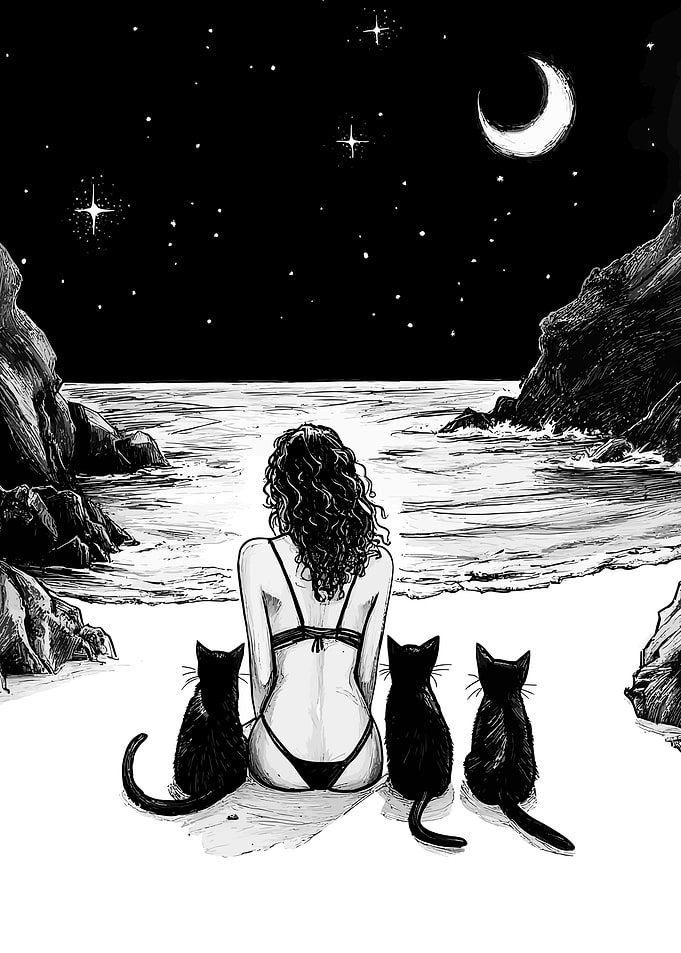 Moonlit Beach with Cats and Woman