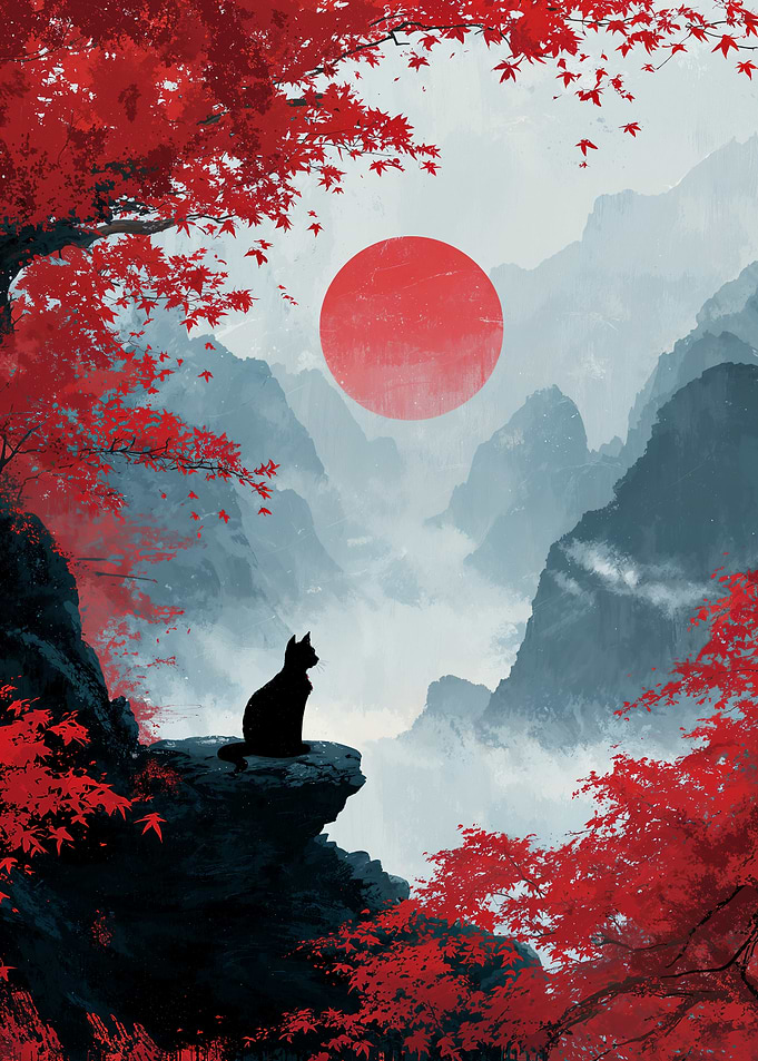 Black Cat in Japanese Landscape