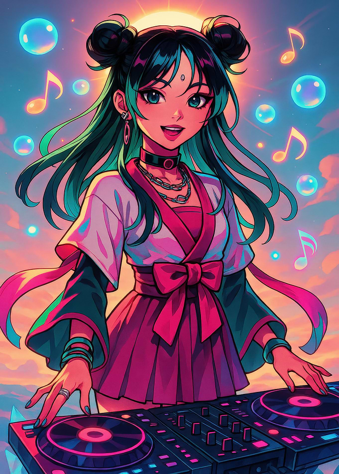 Anime DJ Girl with Music Notes