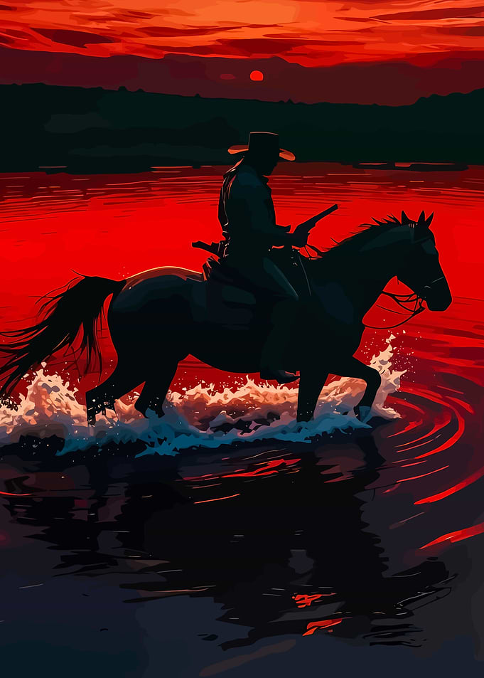 Cowboy on Horseback at Sunset