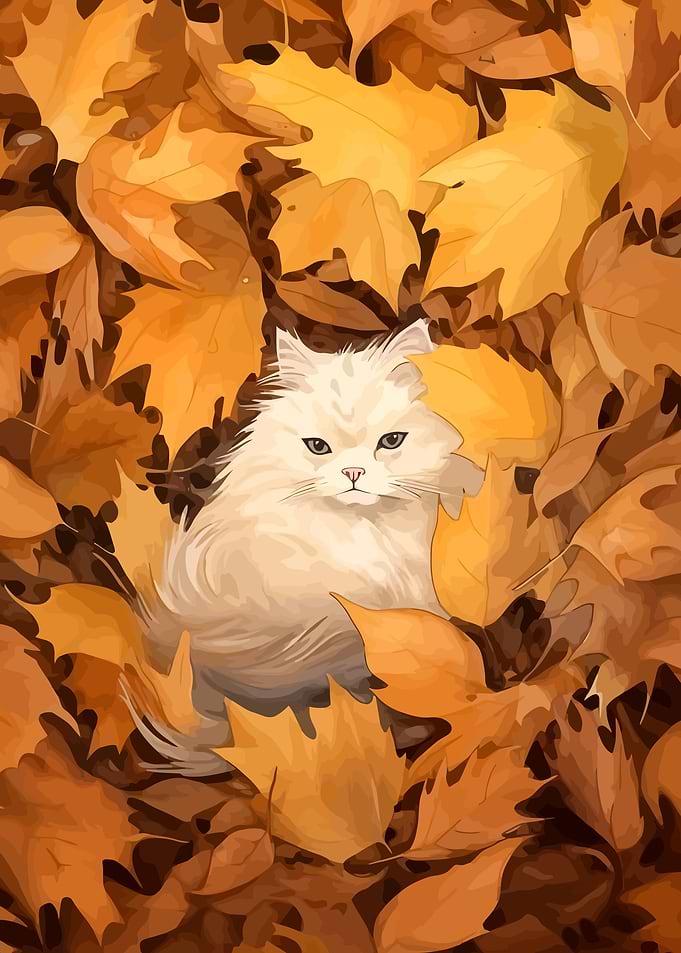 White Cat in Autumn Leaves