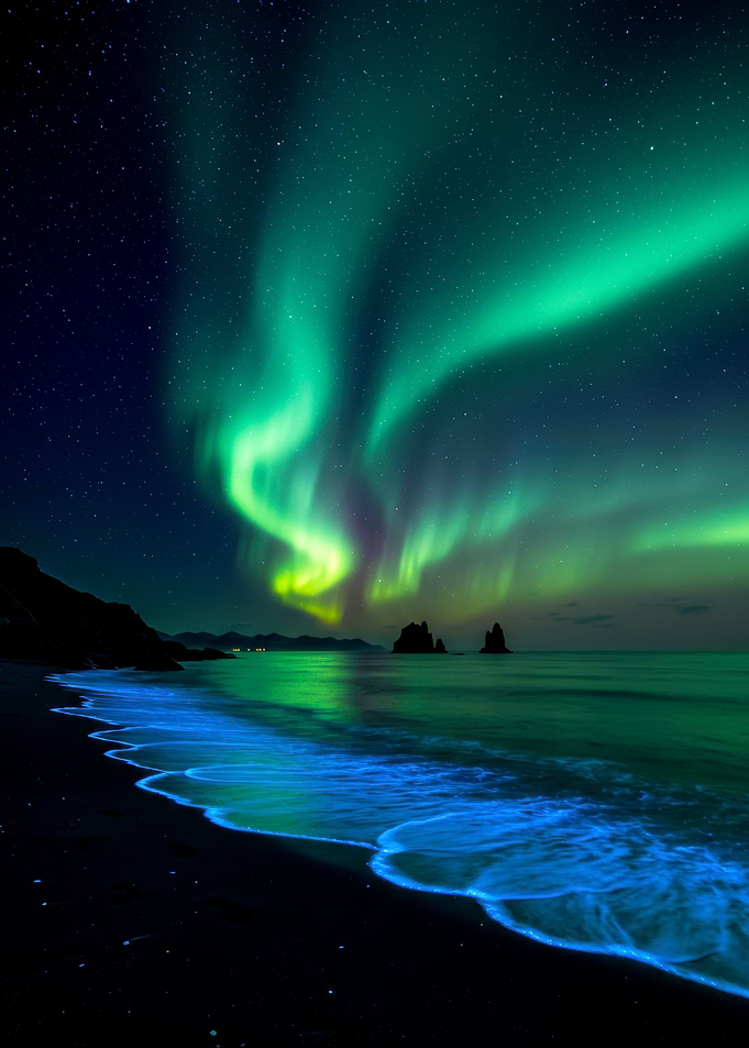 Aurora Borealis over Iceland Beach