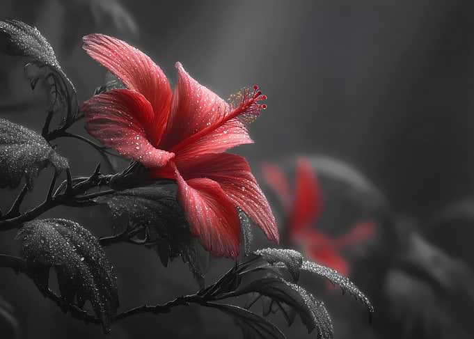 Red Hibiscus Flower with Dew Drops