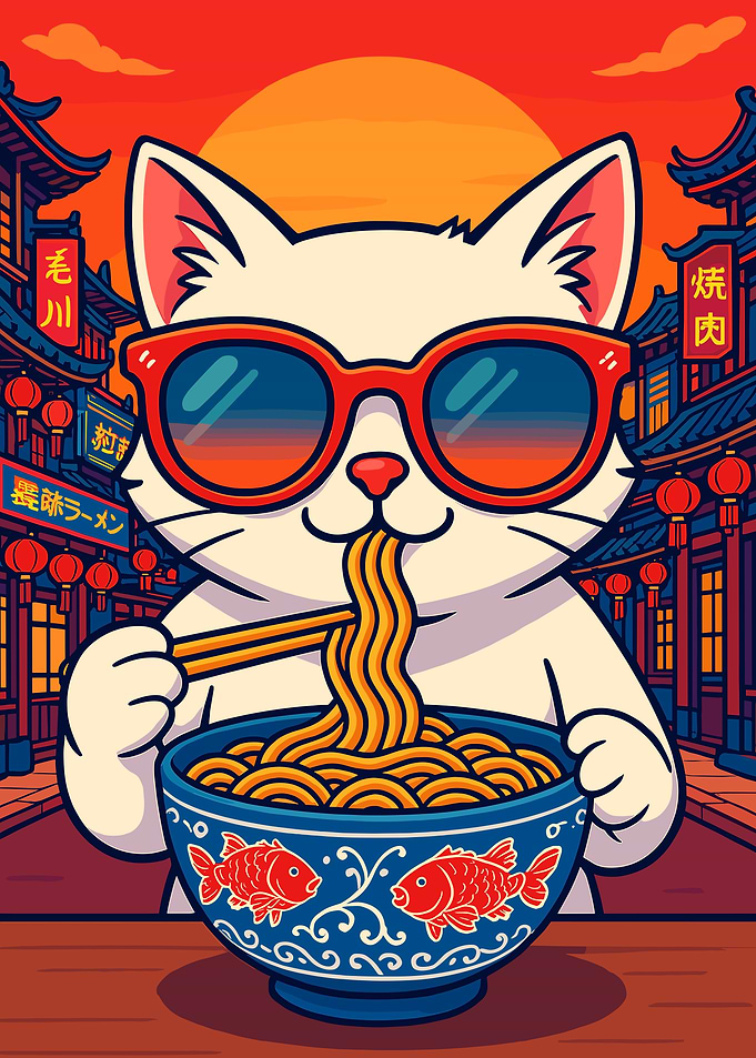 Cat eating ramen in Asian street