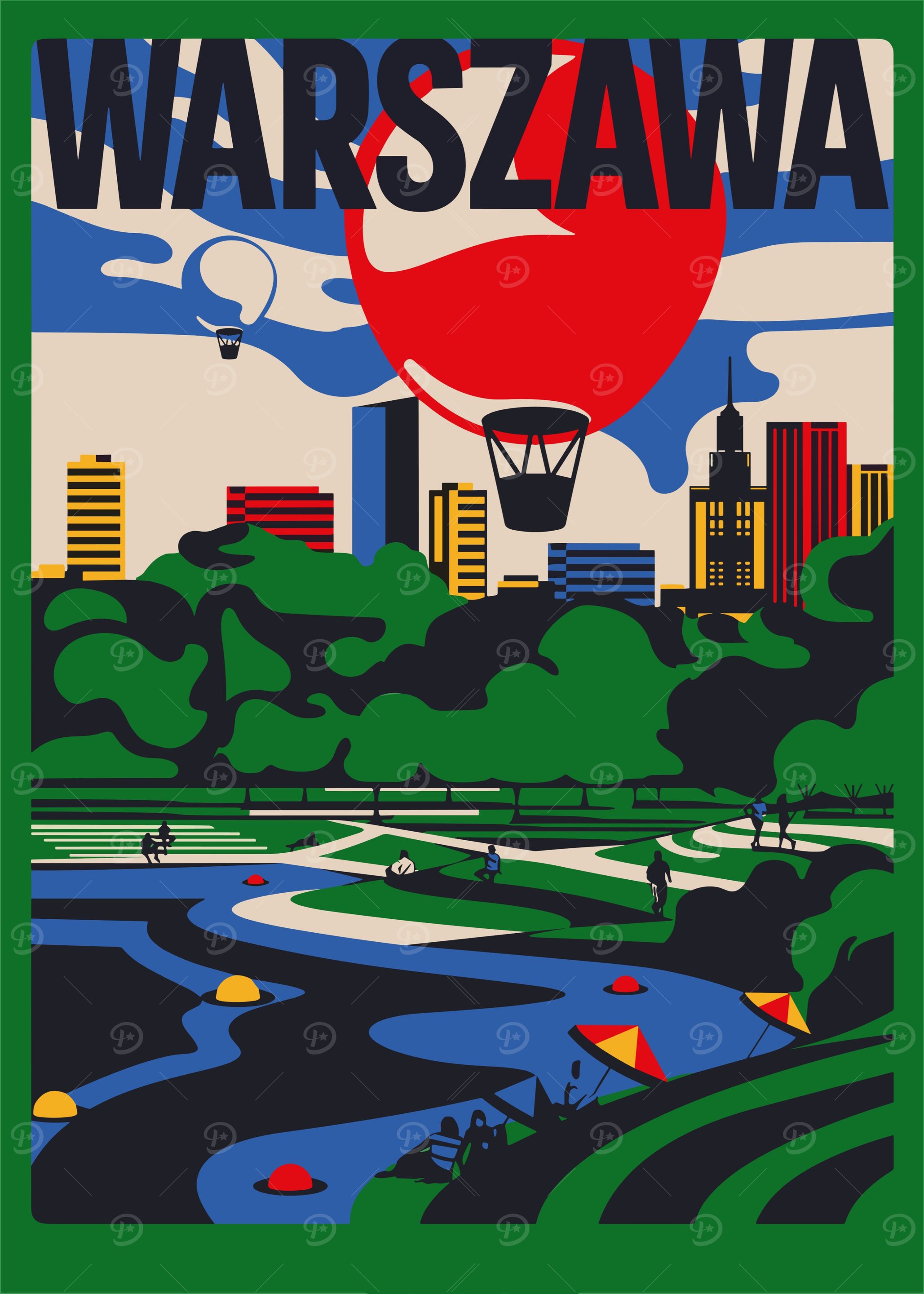 Warszawa Cityscape with Hot Air Balloons