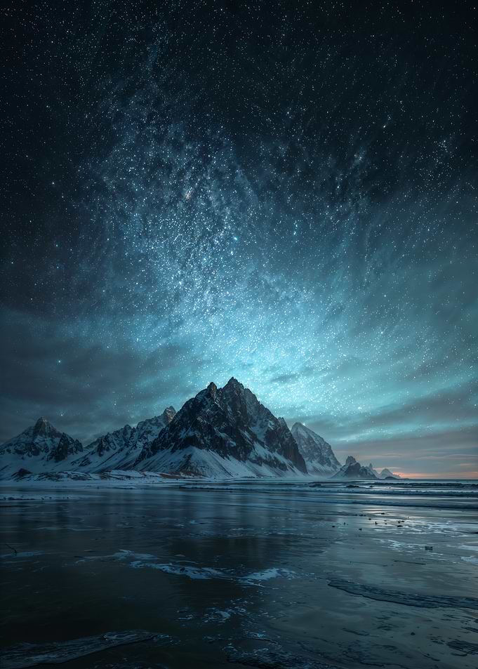 Night Sky over Snowy Mountains in Iceland
