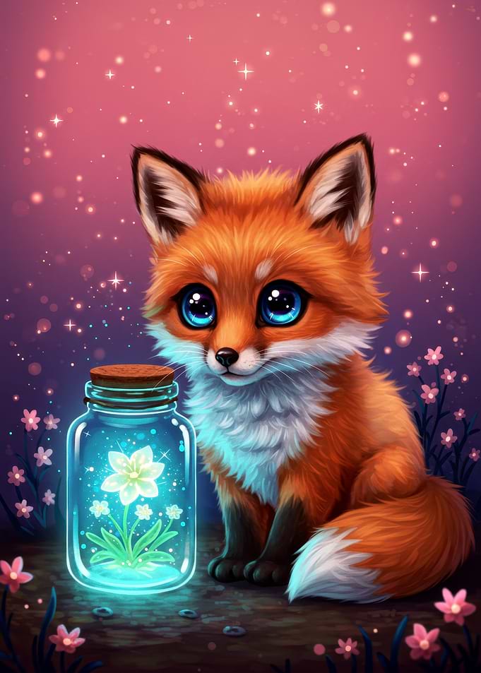 Cute Fox with Glowing Flower Jar
