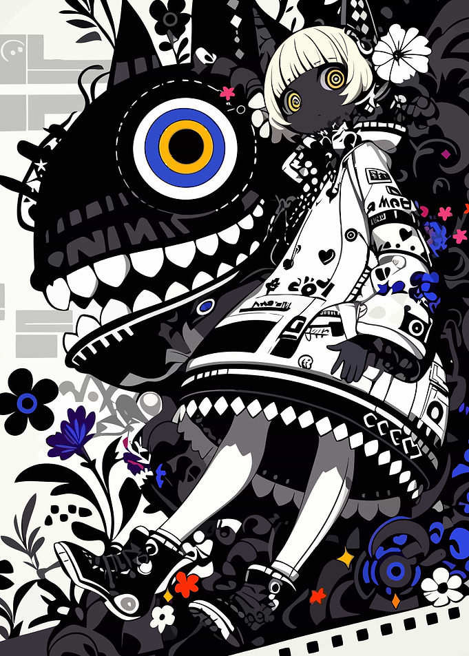 Stylized Girl with Monster Illustration