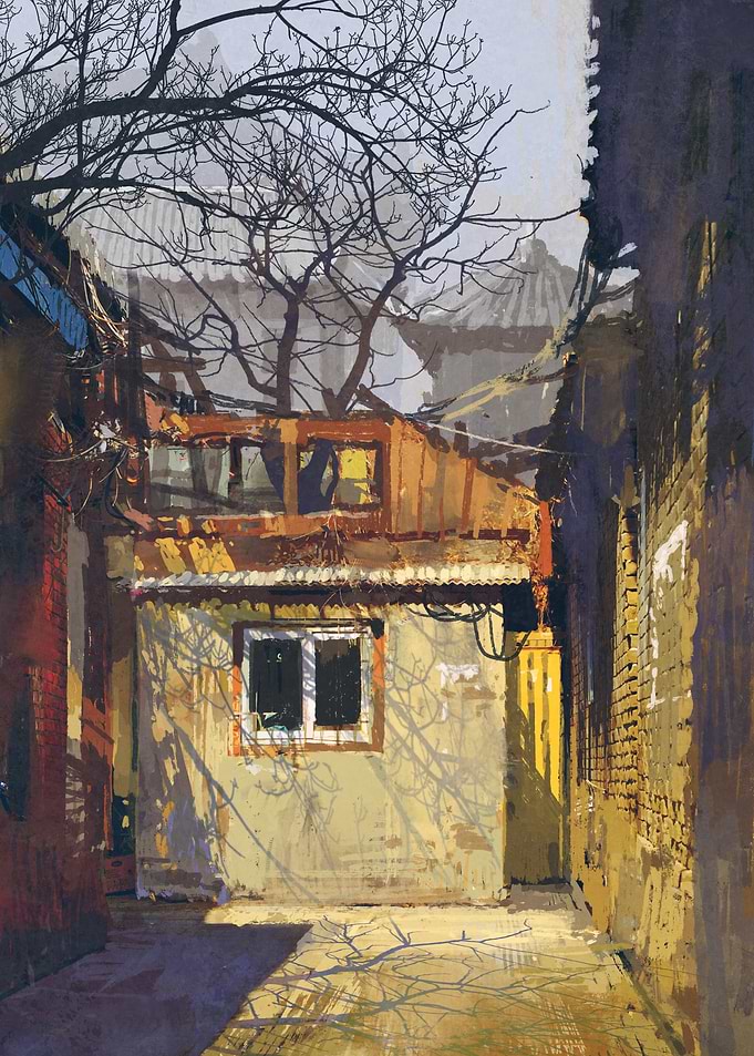 Urban Courtyard Painting with Bare Tree